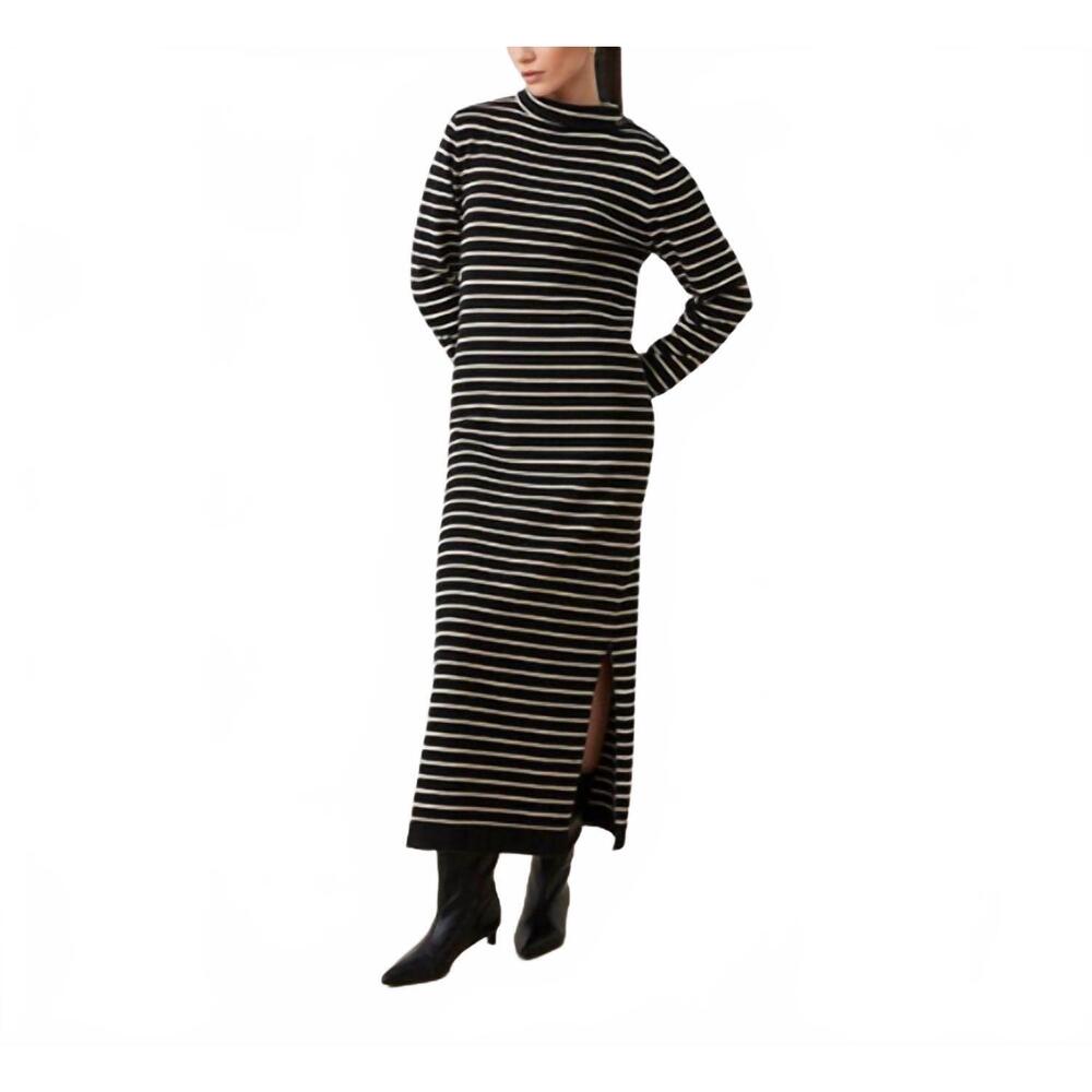 NEW SUNCOO chadela striped turtleneck knit sweater dress in black and camel